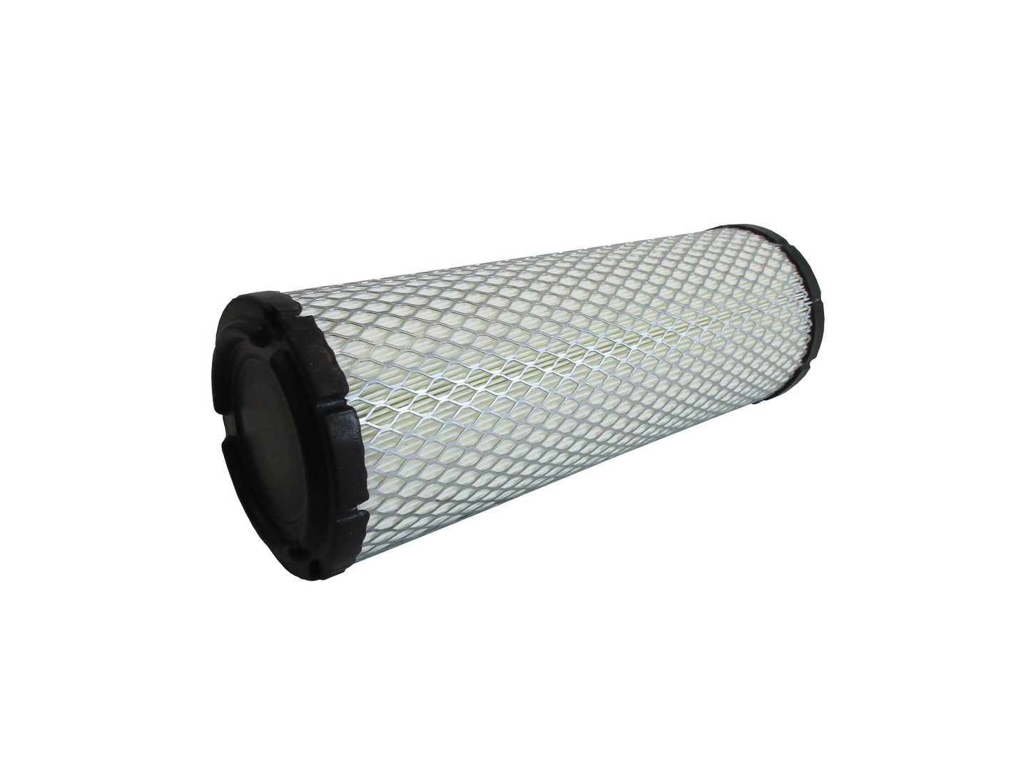 A cylindrical replacement filter cartridge on its side with a black PU top and bottom caps, and a grey metal mesh, shown on a plain white background.