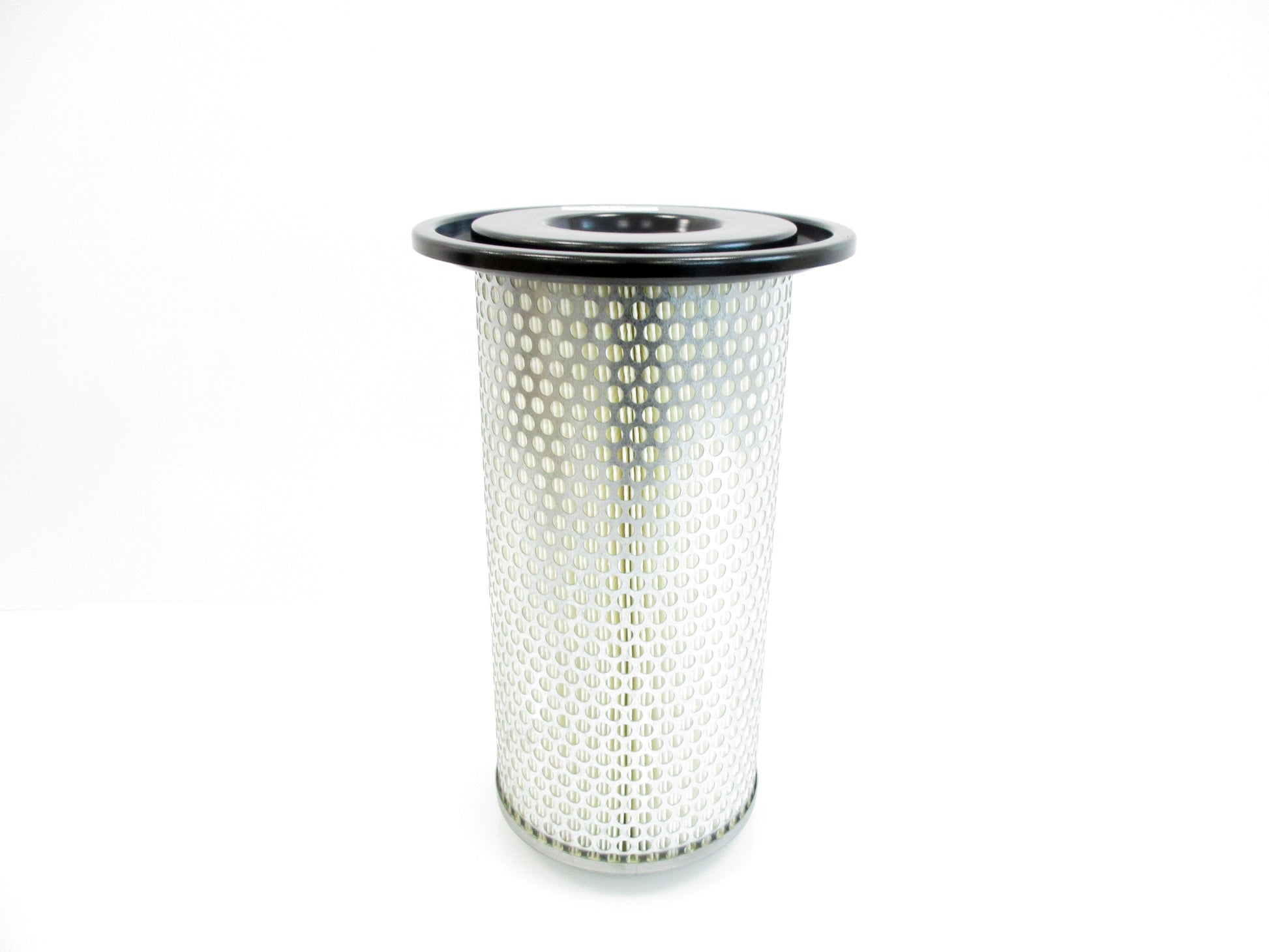 A cylindrical metal air filter with a perforated mesh body, a black metal top, and a grey metal base, shown on a plain white background.