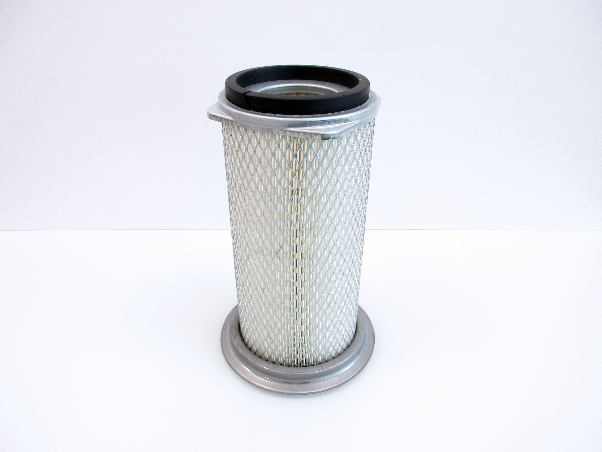 A cylindrical pleated air filter with a grey metal mesh body, a black rubber gasket at the top, and a grey metal base, shown on a plain white background.