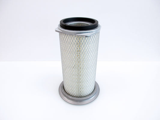 A cylindrical pleated air filter with a grey metal mesh body, a black rubber gasket at the top, and a grey metal base, shown on a plain white background.