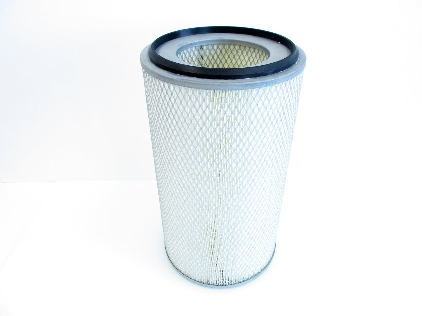 A cylindrical pleated air filter with a grey mesh body, a black rubber gasket at the top, and a grey metal rim, shown on a white background.