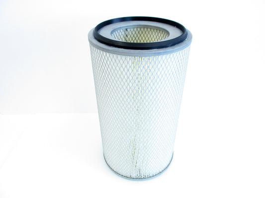 A cylindrical pleated air filter with a grey mesh body, a black rubber gasket at the top, and a grey metal rim, shown on a white background.