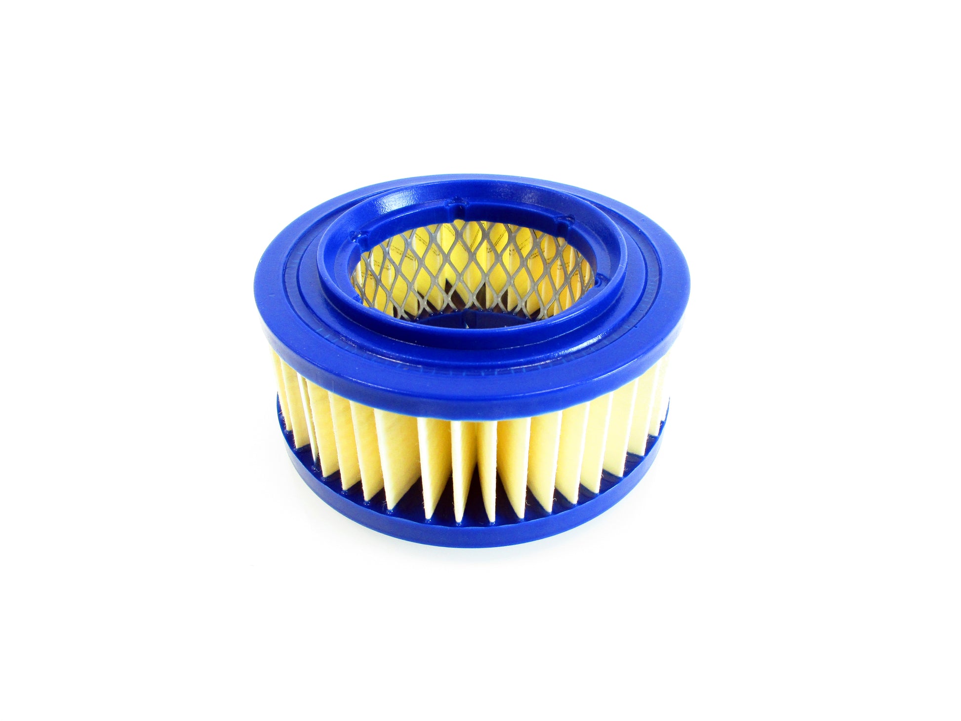 A round automotive air filter with a blue PU body and yellow pleated paper elements, shown on a plain white background.