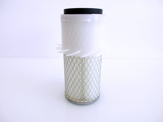 A cylindrical replacement air filter with a white plastic upper section with fins, a black seal top and a white pleated media surrounded by metal mesh, with grey base shown on a white background.