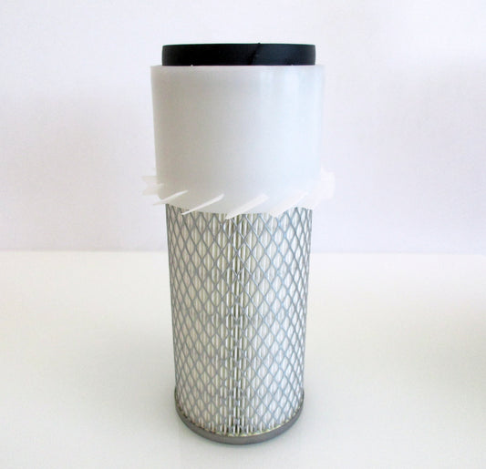 A cylindrical replacement air filter with a white plastic upper section with fins, a black seal top and a white pleated media surrounded by metal mesh, with grey base shown on a white background.