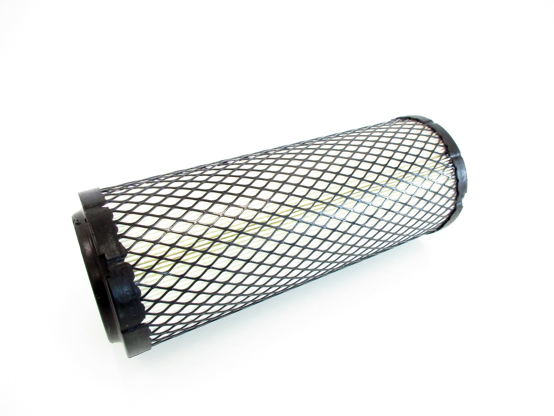 Cylindrical metal filter with grid pattern on a white background
