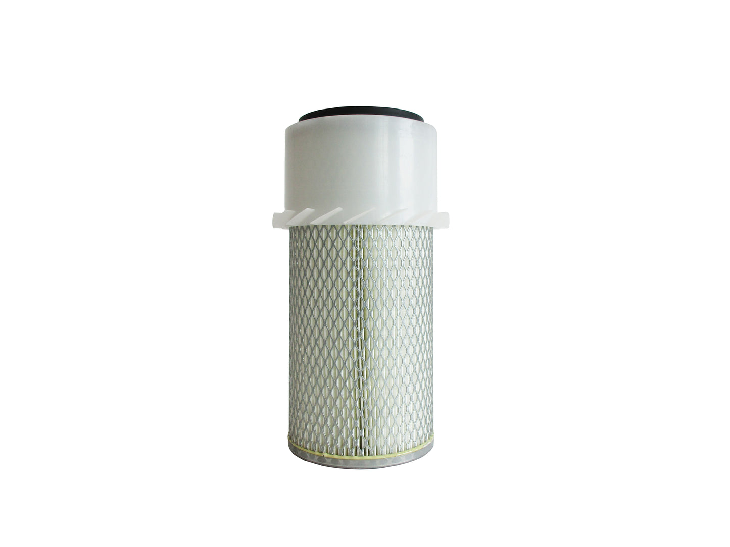 A cylindrical replacement air filter with a white plastic upper section with fins, a black seal top and a white pleated media surrounded by metal mesh, with grey base shown on a white background.