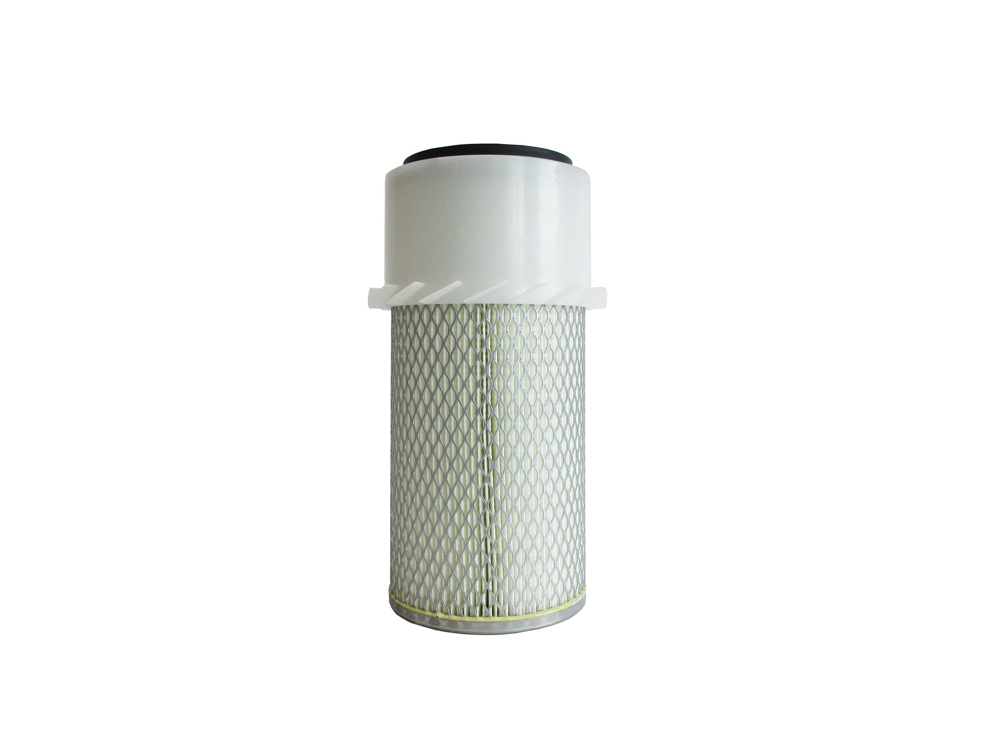 A cylindrical replacement air filter with a white plastic upper section with fins, a black seal top and a white pleated media surrounded by metal mesh, with grey base shown on a white background.