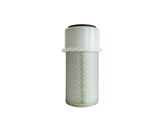 A cylindrical replacement air filter with a white plastic upper section with fins, a black seal top and a white pleated media surrounded by metal mesh, with grey base shown on a white background.