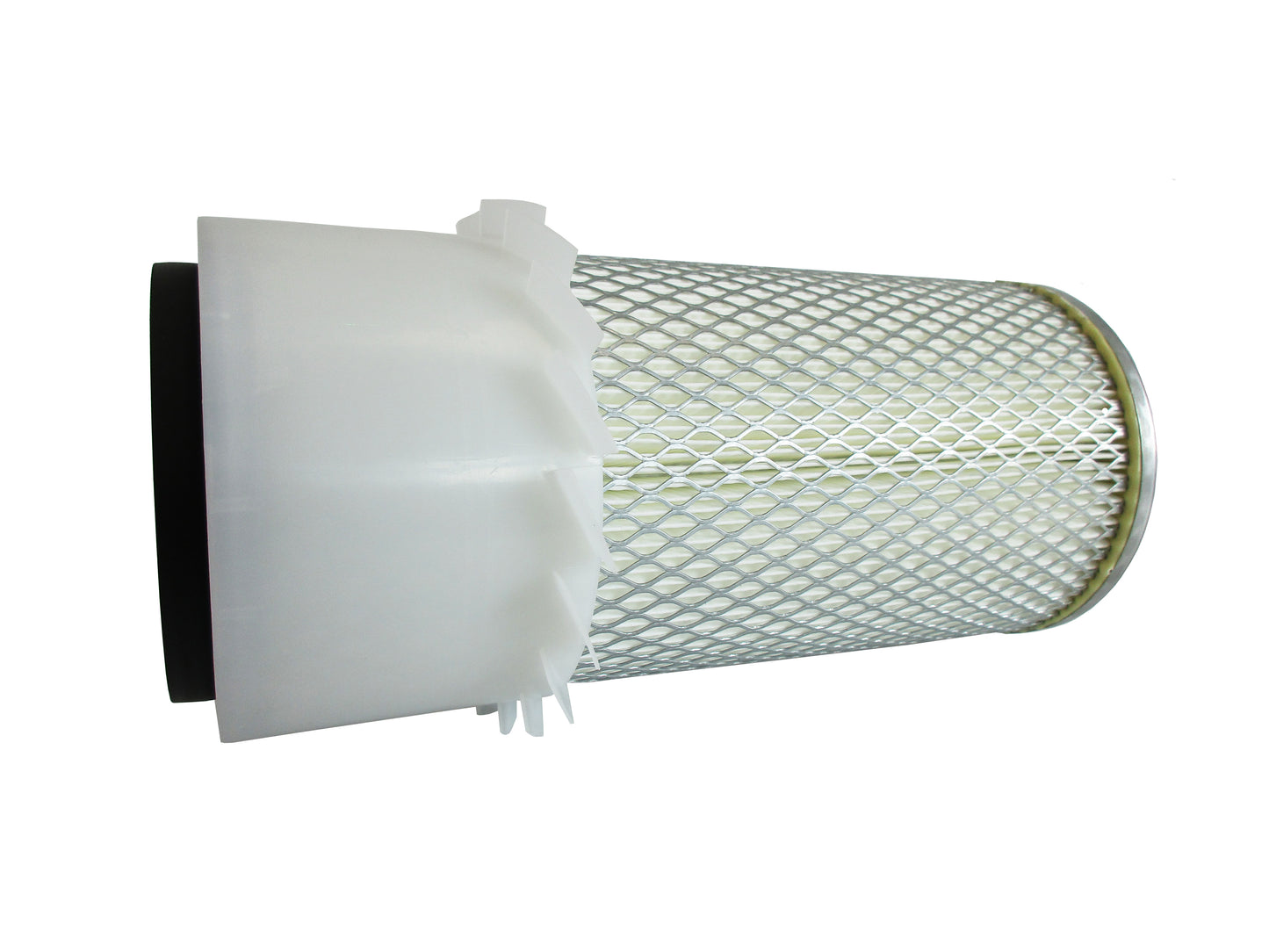 A cylindrical replacement air filter laid on its side with a white plastic upper section with fins, a black seal top and a white pleated media surrounded by metal mesh, with grey base shown on a white background.