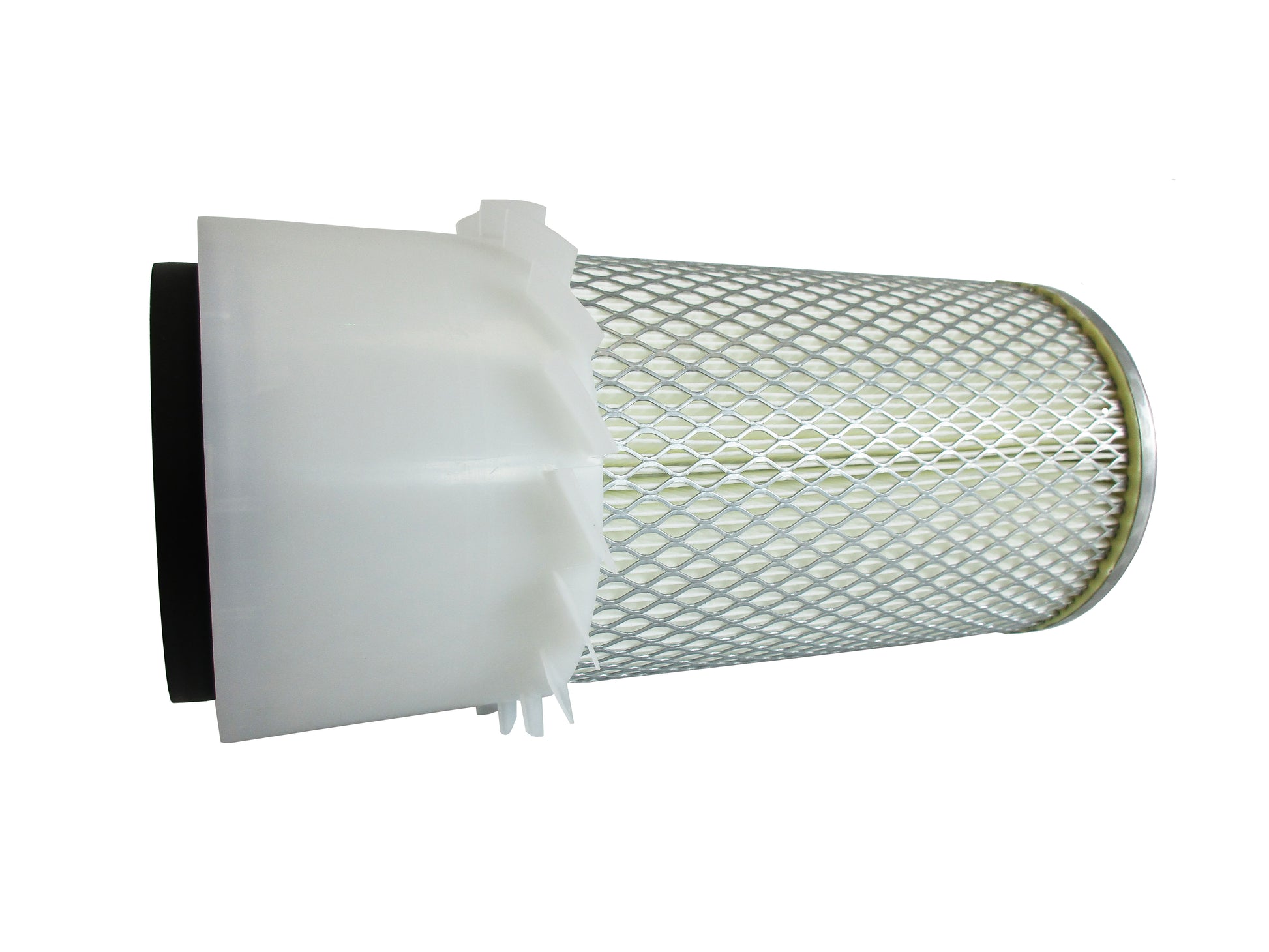 A cylindrical replacement air filter laid on its side with a white plastic upper section with fins, a black seal top and a white pleated media surrounded by metal mesh, with grey base shown on a white background.