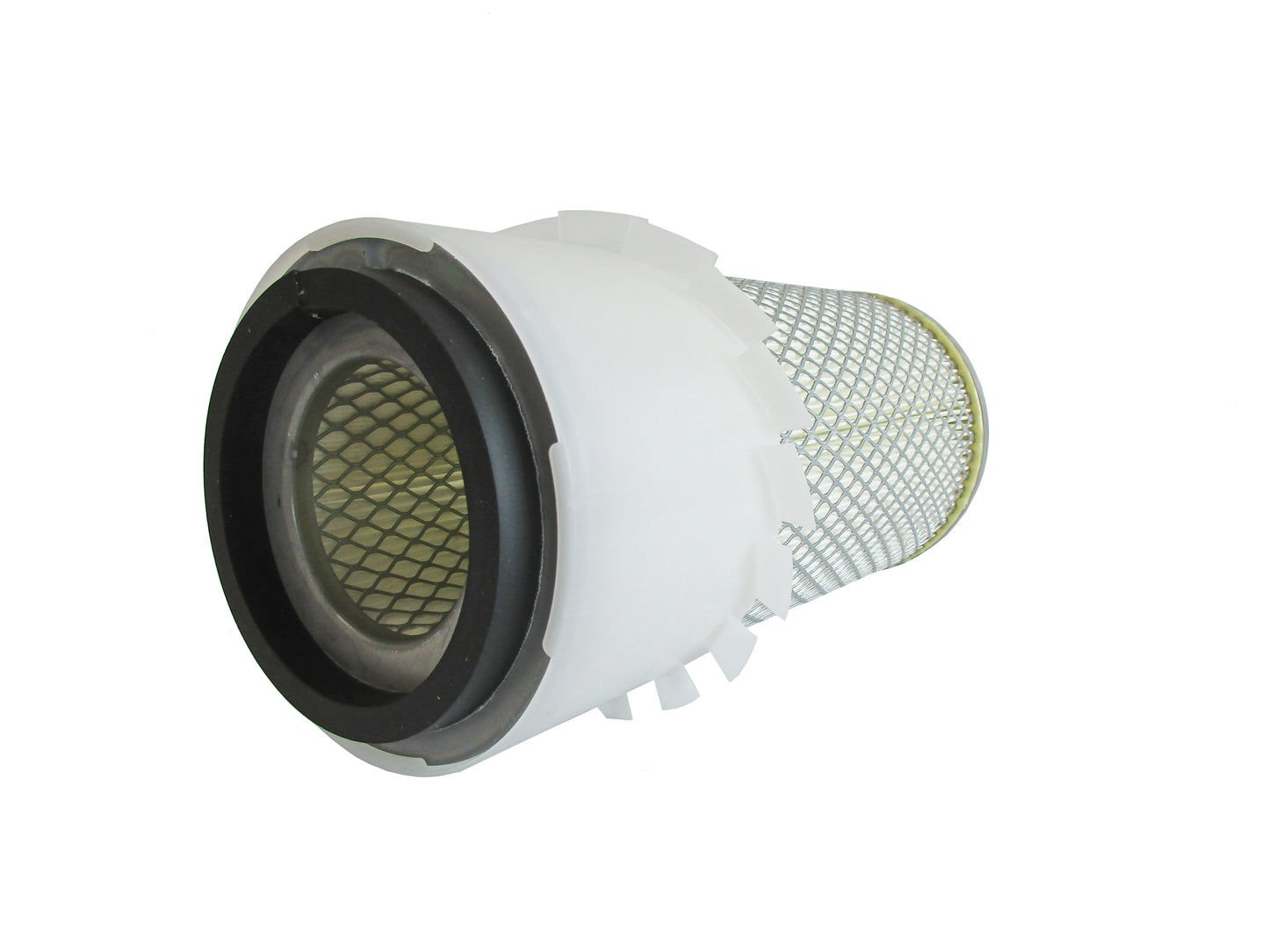 A cylindrical replacement air filter laid on its side with a white plastic upper section with fins, a black seal top and a white pleated media surrounded by metal mesh, with grey base shown on a white background.