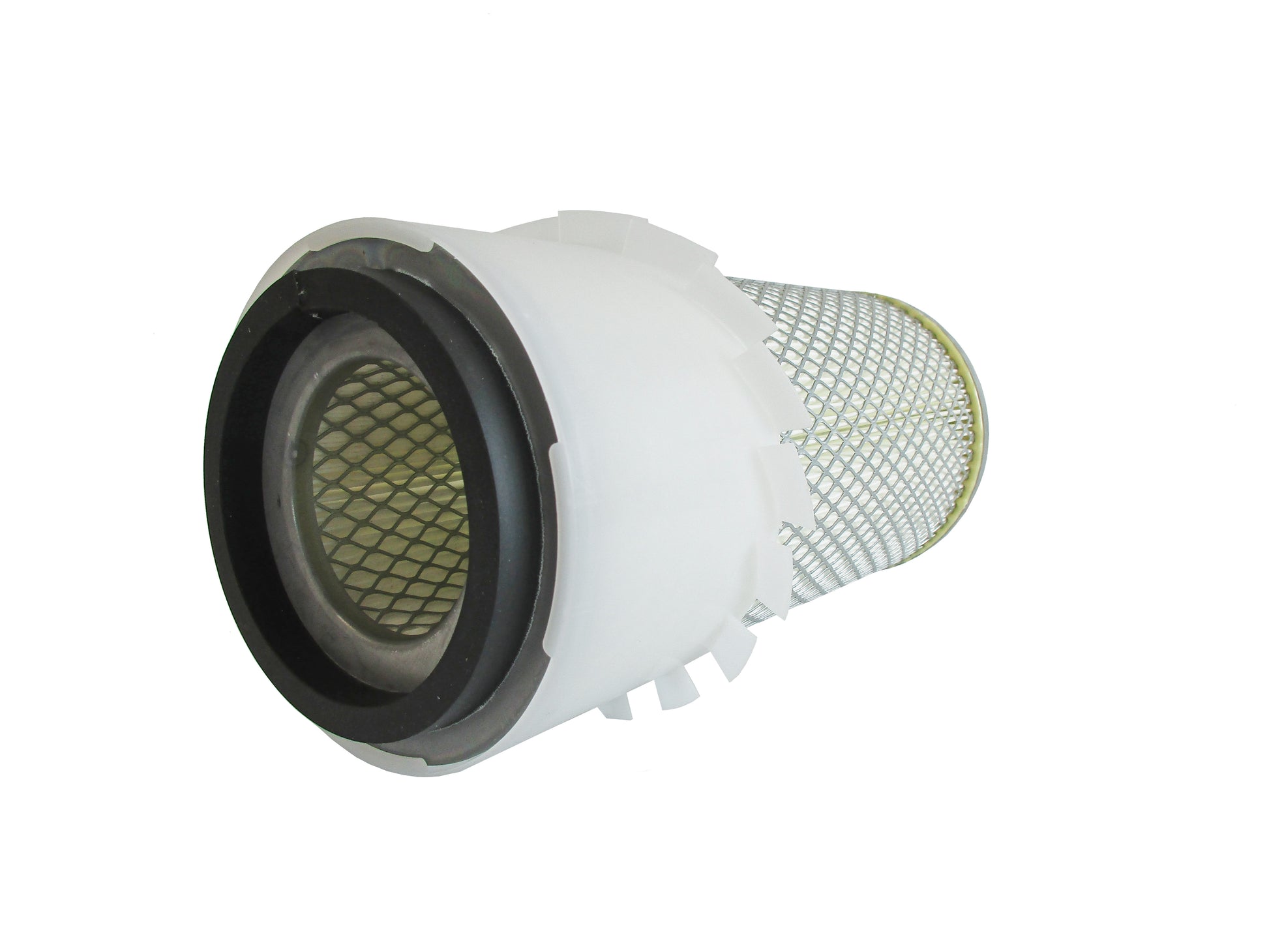 A cylindrical replacement air filter laid on its side with a white plastic upper section with fins, a black seal top and a white pleated media surrounded by metal mesh, with grey base shown on a white background.