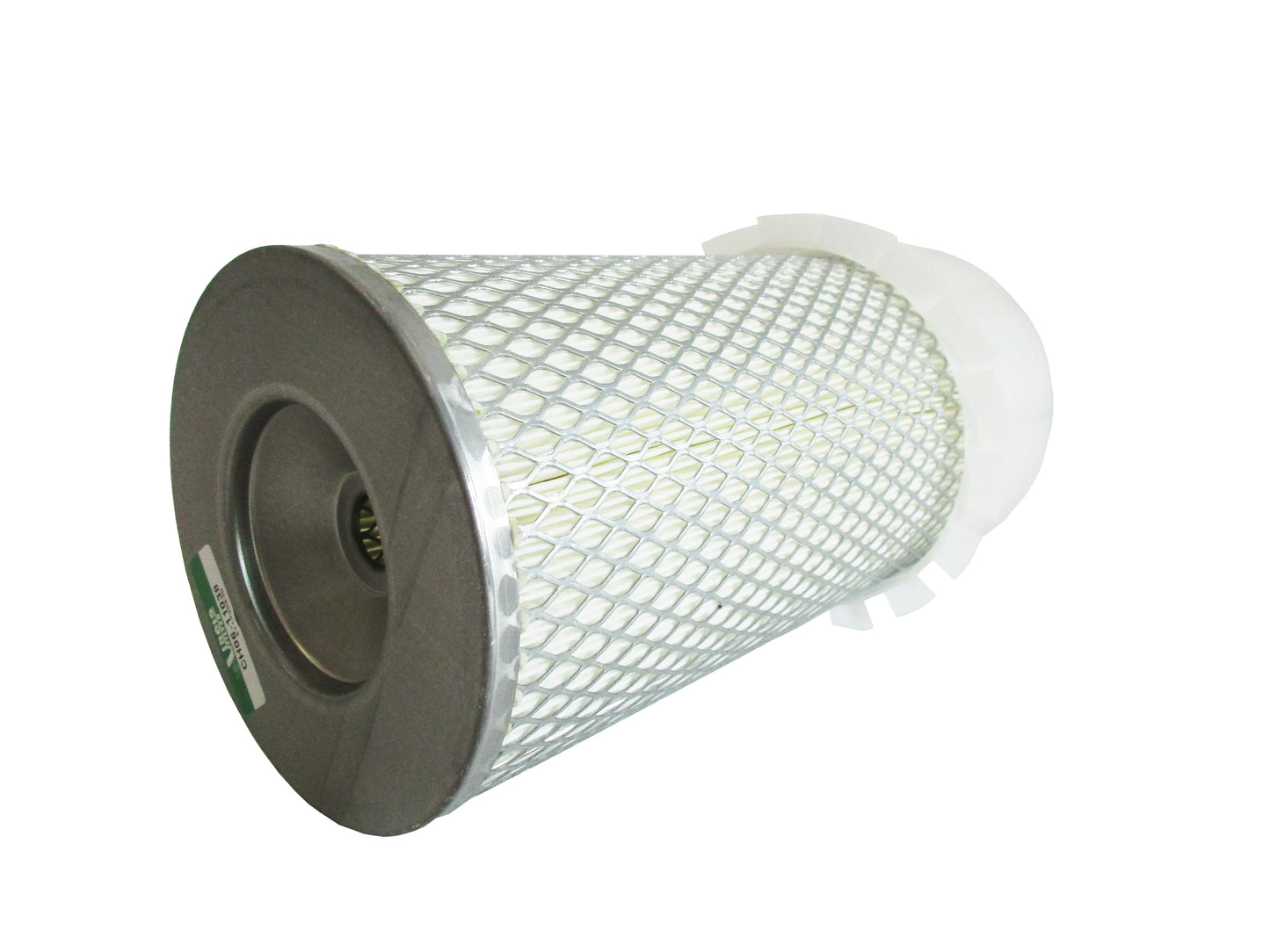 A cylindrical replacement air filter laid on its side with a white plastic upper section with fins, a black seal top and a white pleated media surrounded by metal mesh, with grey base shown on a white background.