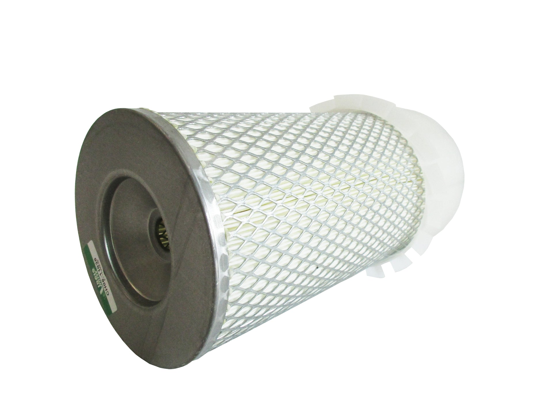 A cylindrical replacement air filter laid on its side with a white plastic upper section with fins, a black seal top and a white pleated media surrounded by metal mesh, with grey base shown on a white background.