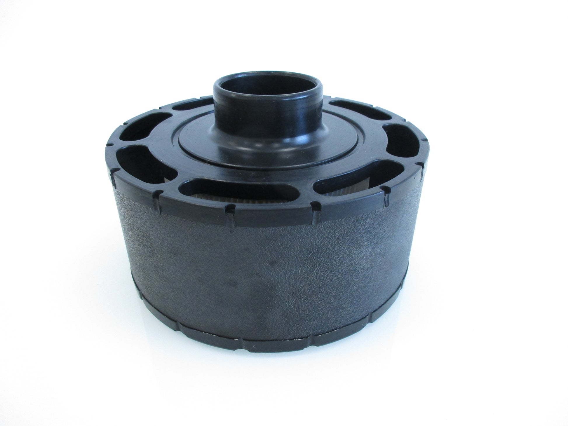 A black plastic cylindrical air cleaner component with a central opening and multiple circular cut-outs around the upper portion, shown on a plain white background.
