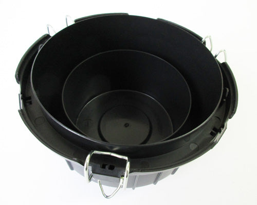 A black plastic air cleaner dust cup rotated showing its cup section, with metal clips, against a plain white background.