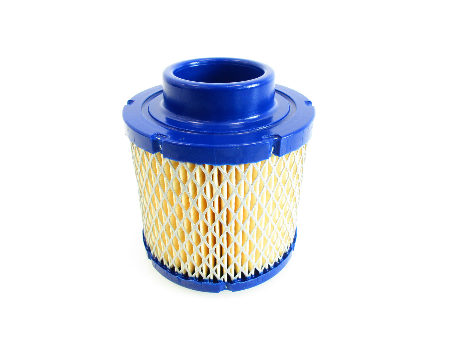 A cylindrical air filter with a blue PU top and bottom collar and a yellow pleated filter element inside, shown on a plain white background.