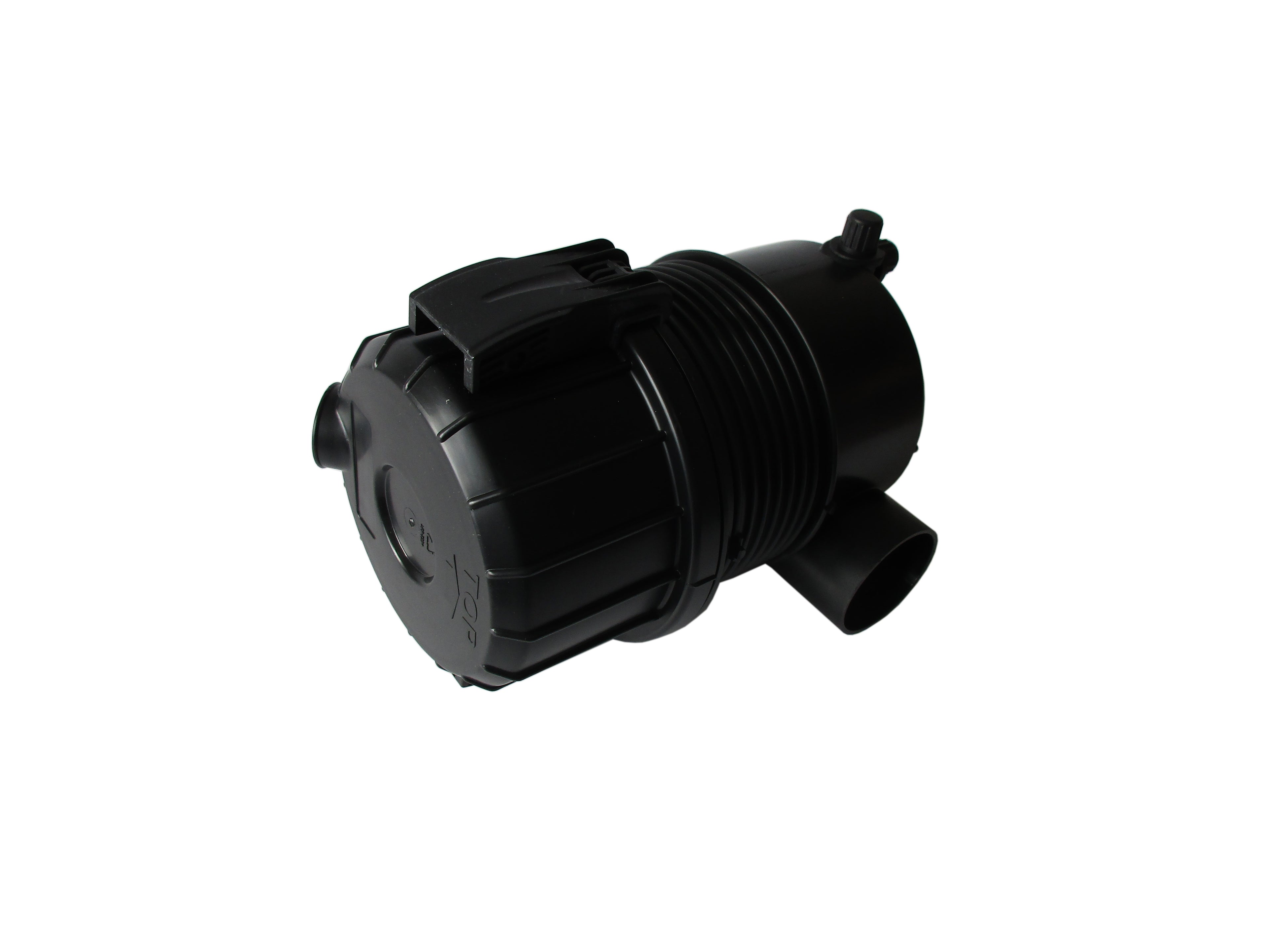 A black plastic cylindrical 4" Air Cleaner with a ribbed body, and a side inlet, shown on a plain white background.