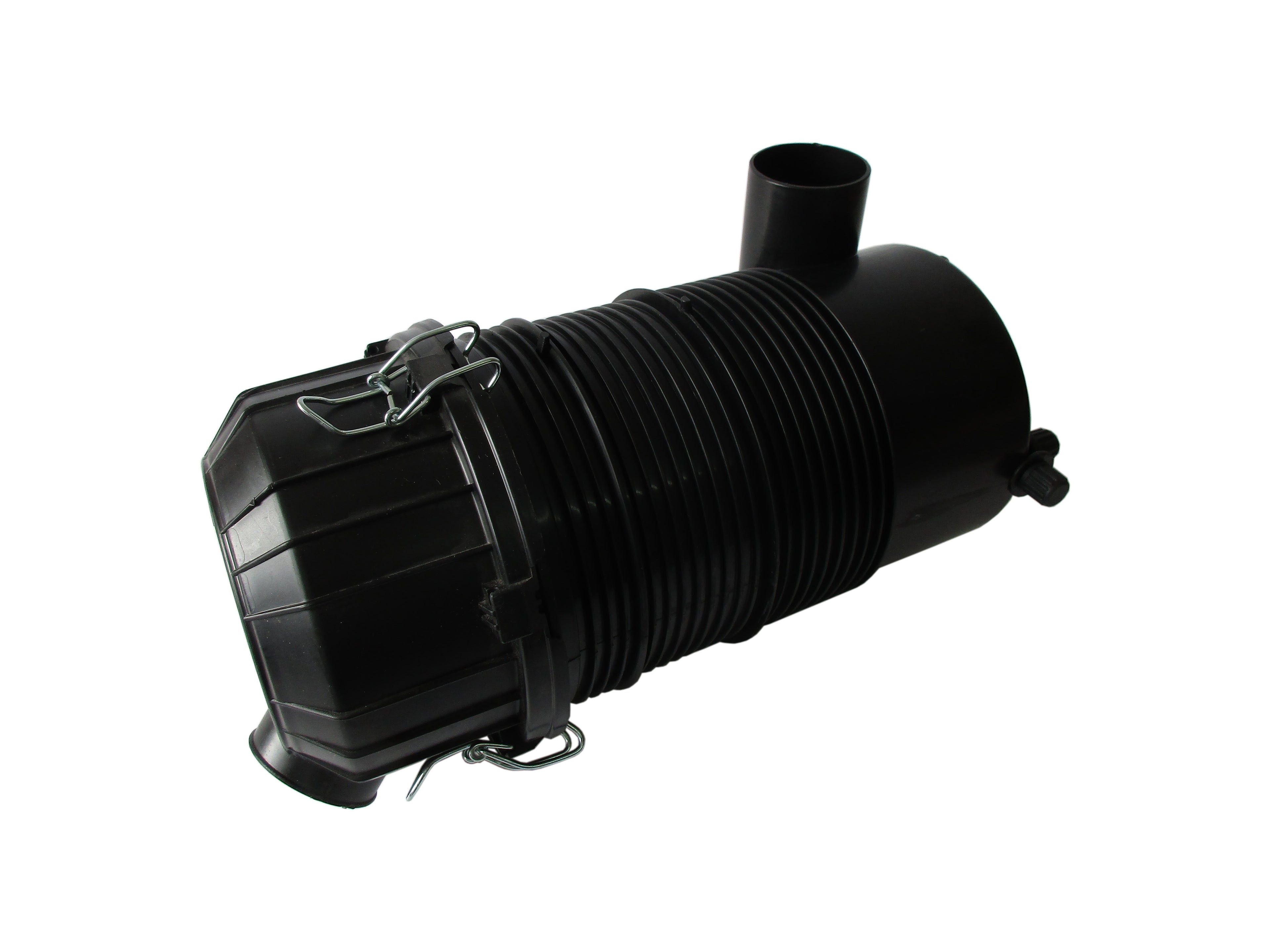 A black plastic air filter housing with a ribbed body, and a metal clamp isolated on a white background.