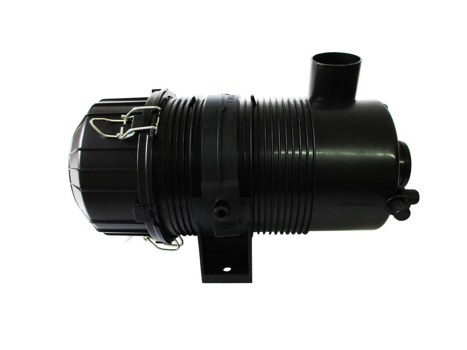A black cylindrical plastic air cleaner component, featuring a ribbed body, a mounting bracket, and a metal clamp, shown against a plain white background.