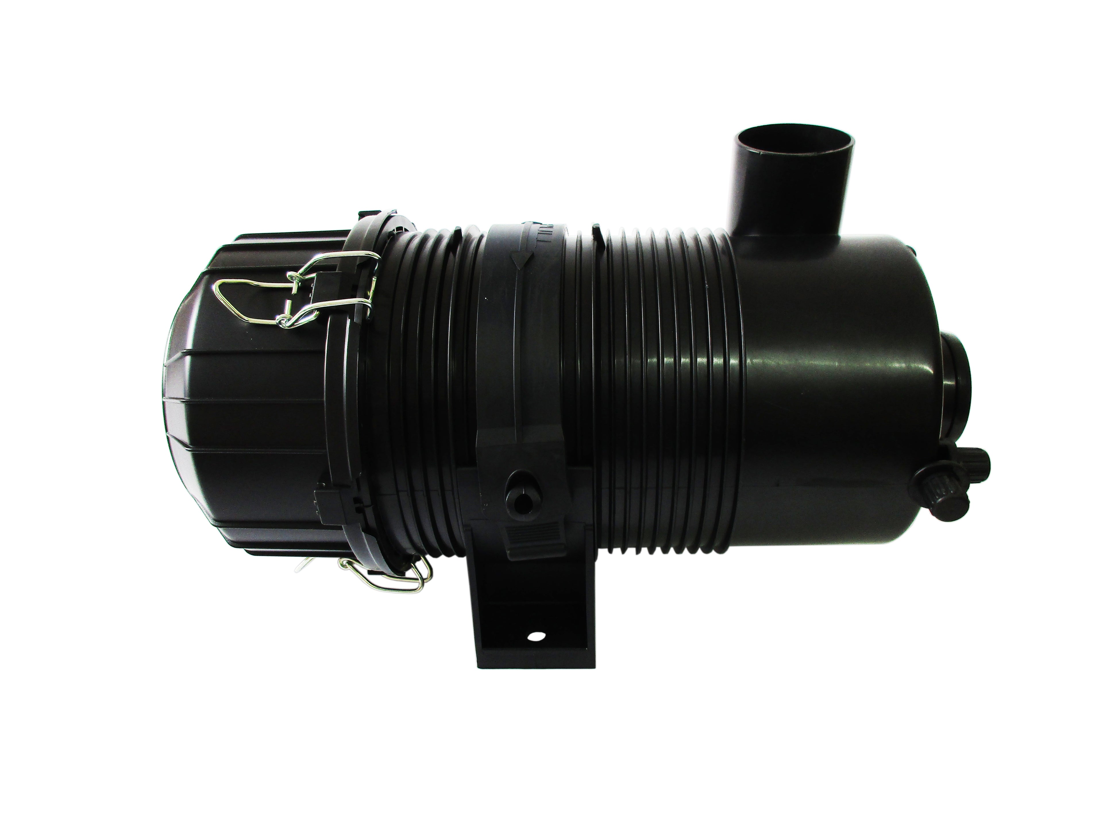 A black cylindrical plastic air cleaner component, featuring a ribbed body, a mounting bracket, and a metal clamp, shown against a plain white background.