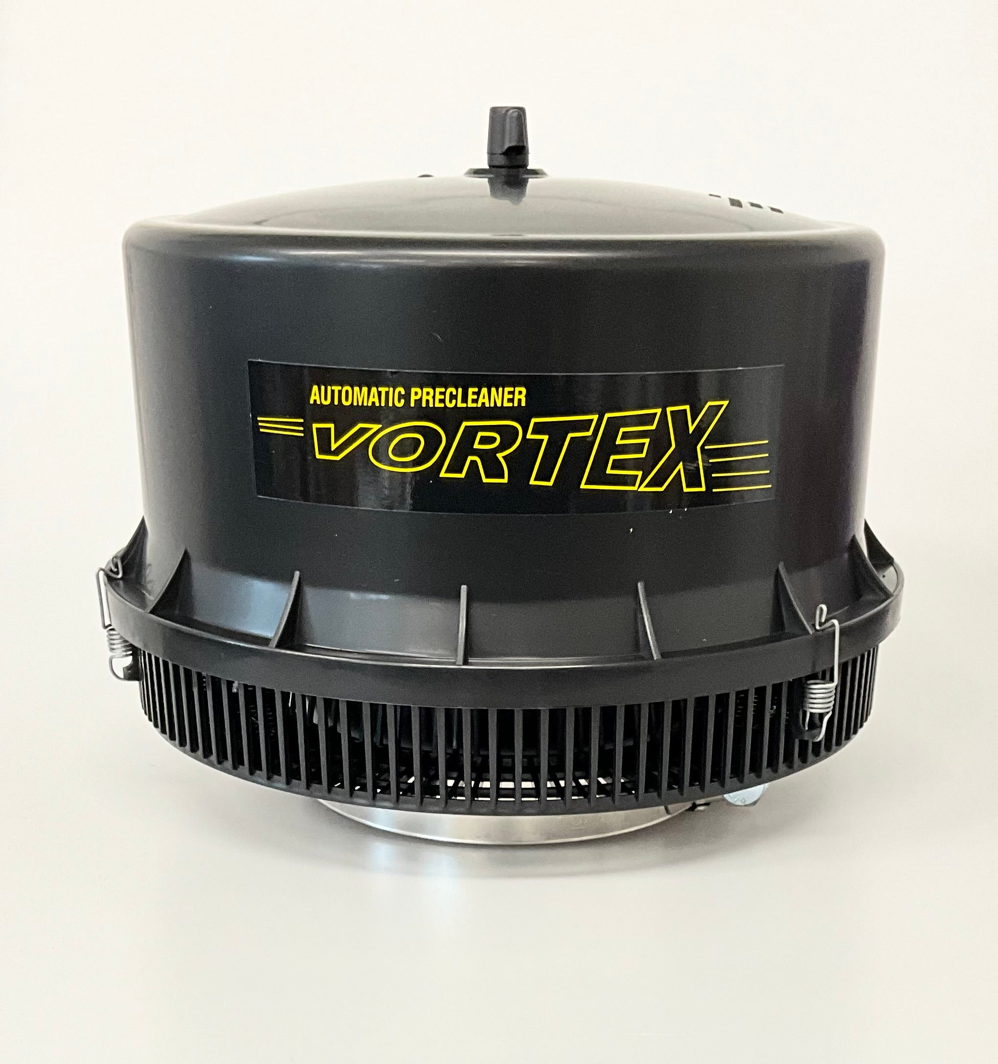 A black Vortex pre-cleaner, with a grey clamp, photographed on a clean white background.