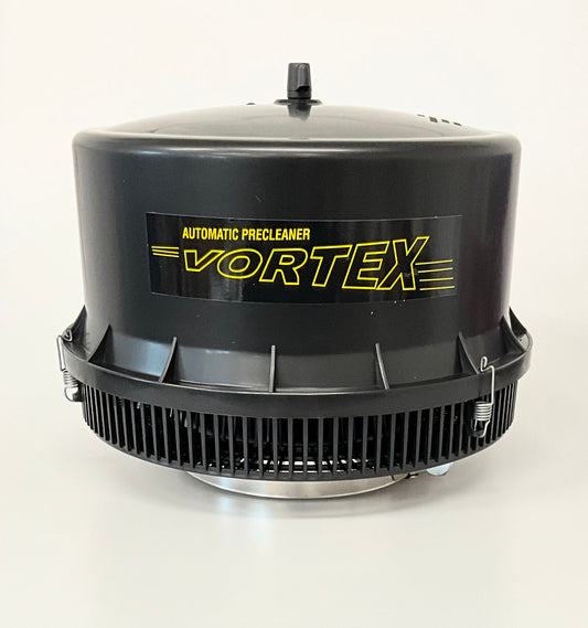 A black Vortex pre-cleaner, with a grey clamp, photographed on a clean white background.