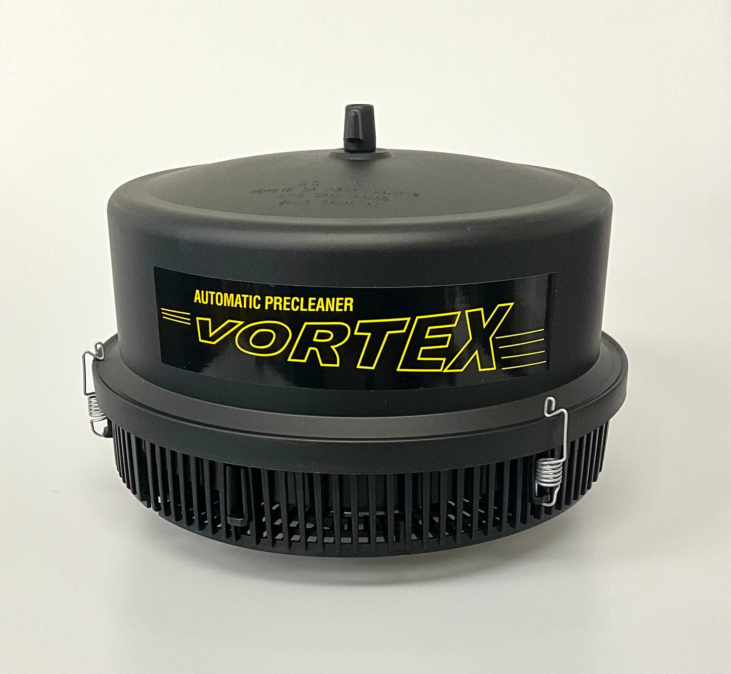 A black Vortex pre-cleaner, with a grey clamp, photographed on a clean white background.