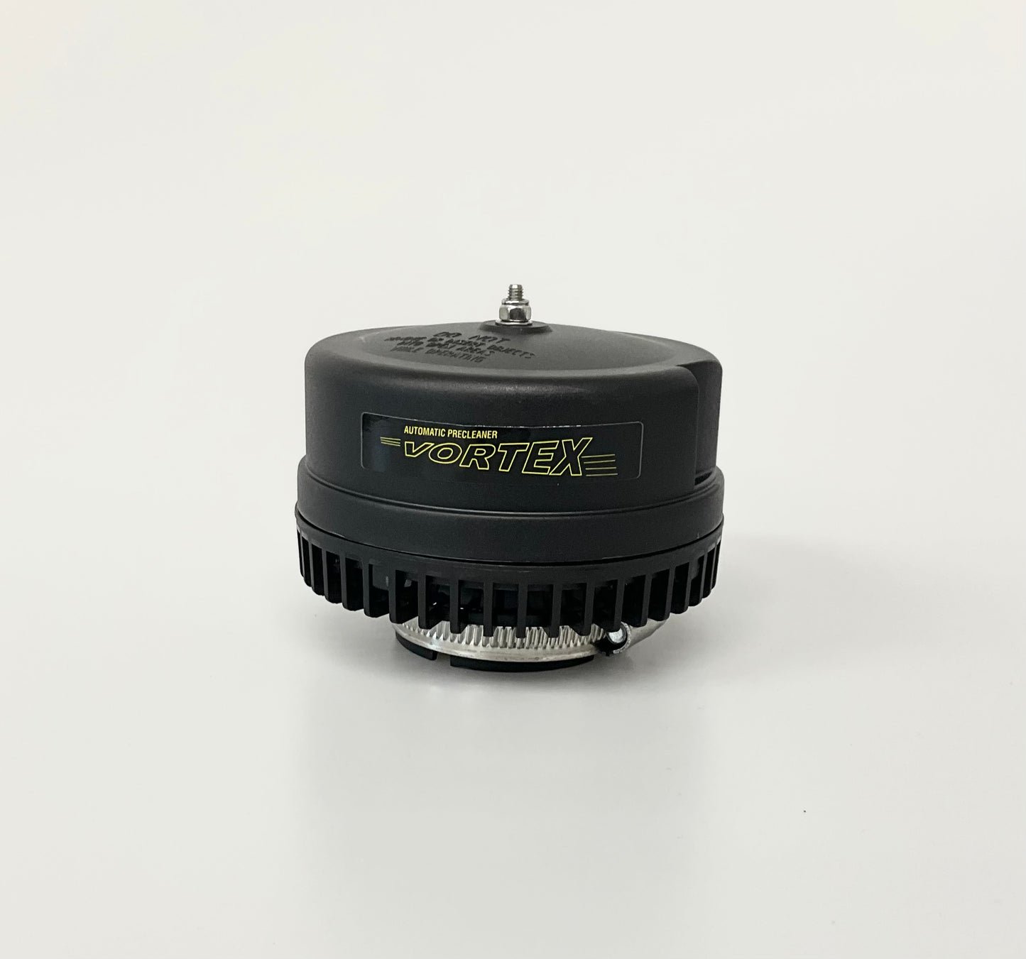 A black Vortex pre-cleaner, with a grey clamp, photographed on a clean white background.