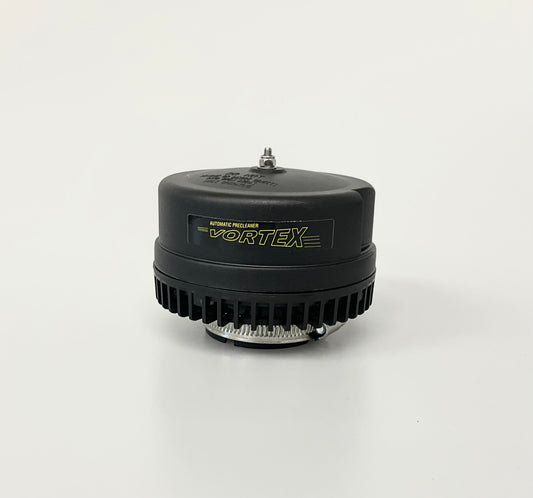 A black Vortex pre-cleaner, with a grey clamp, photographed on a clean white background.