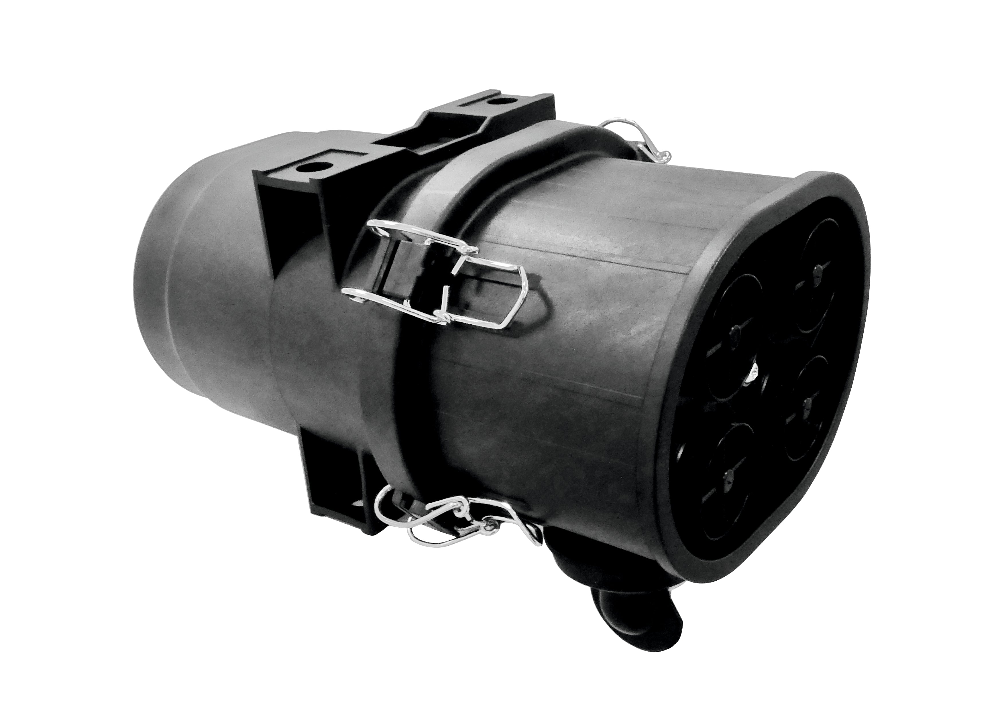 A black cylindrical Jokto 4" air cleaner, with mounting brackets and grey metal clips, shown on a plain white background.