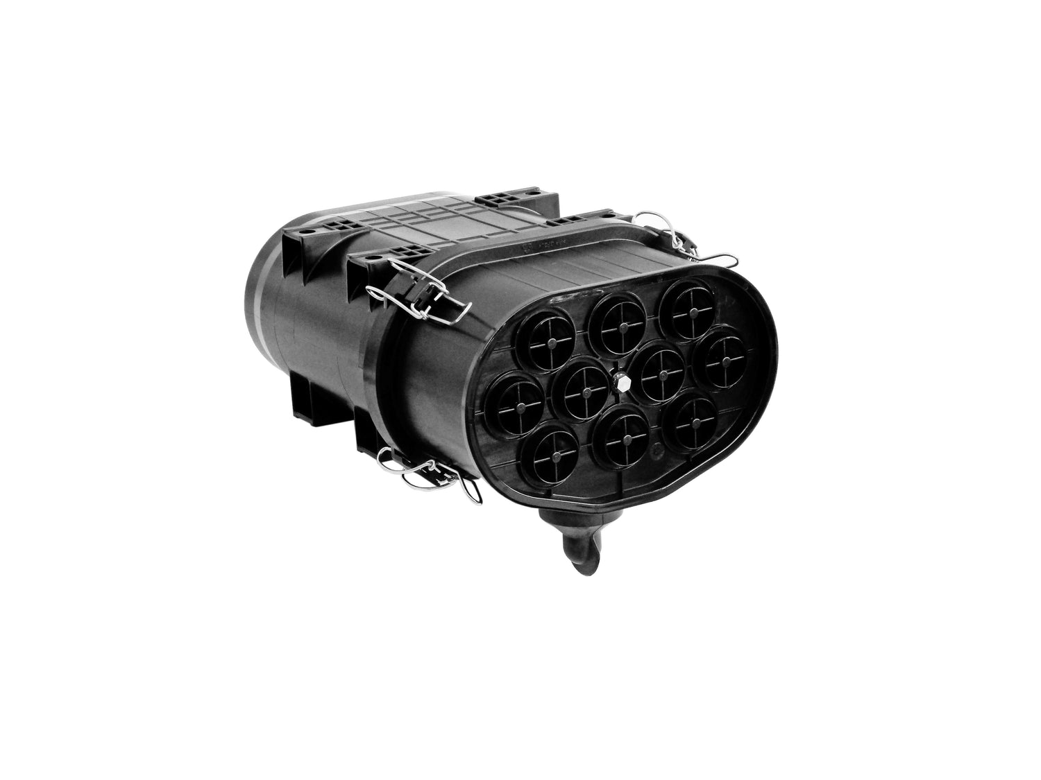 A black plastic air cleaner with ten circular inlet ports on the front face, shown on a plain white background.