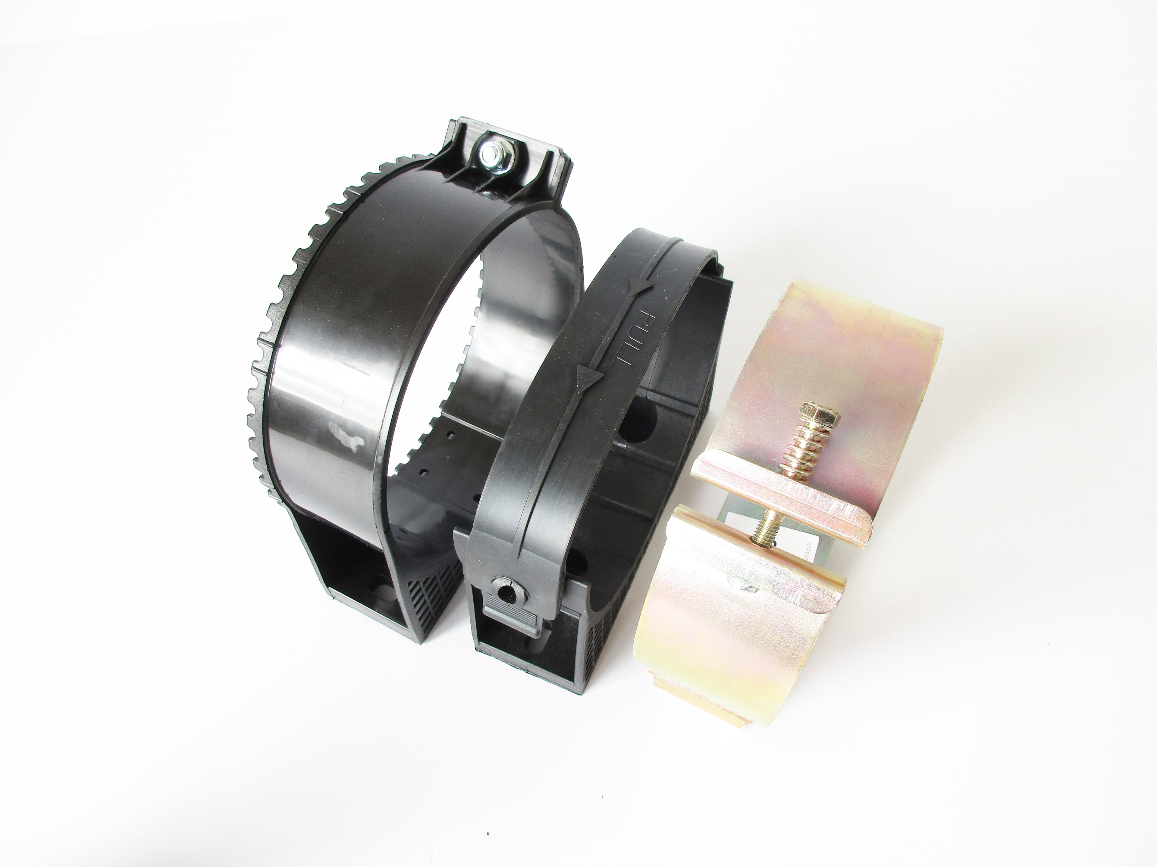 A row of 3 different types of mounting band, The first one is a black plastic with a grey metal screw fitting, the next is a quick release band, which is made up of a plastic body and a rubber band clip, the last one is a brass coloured metal band with matching fitting, all on a white background.