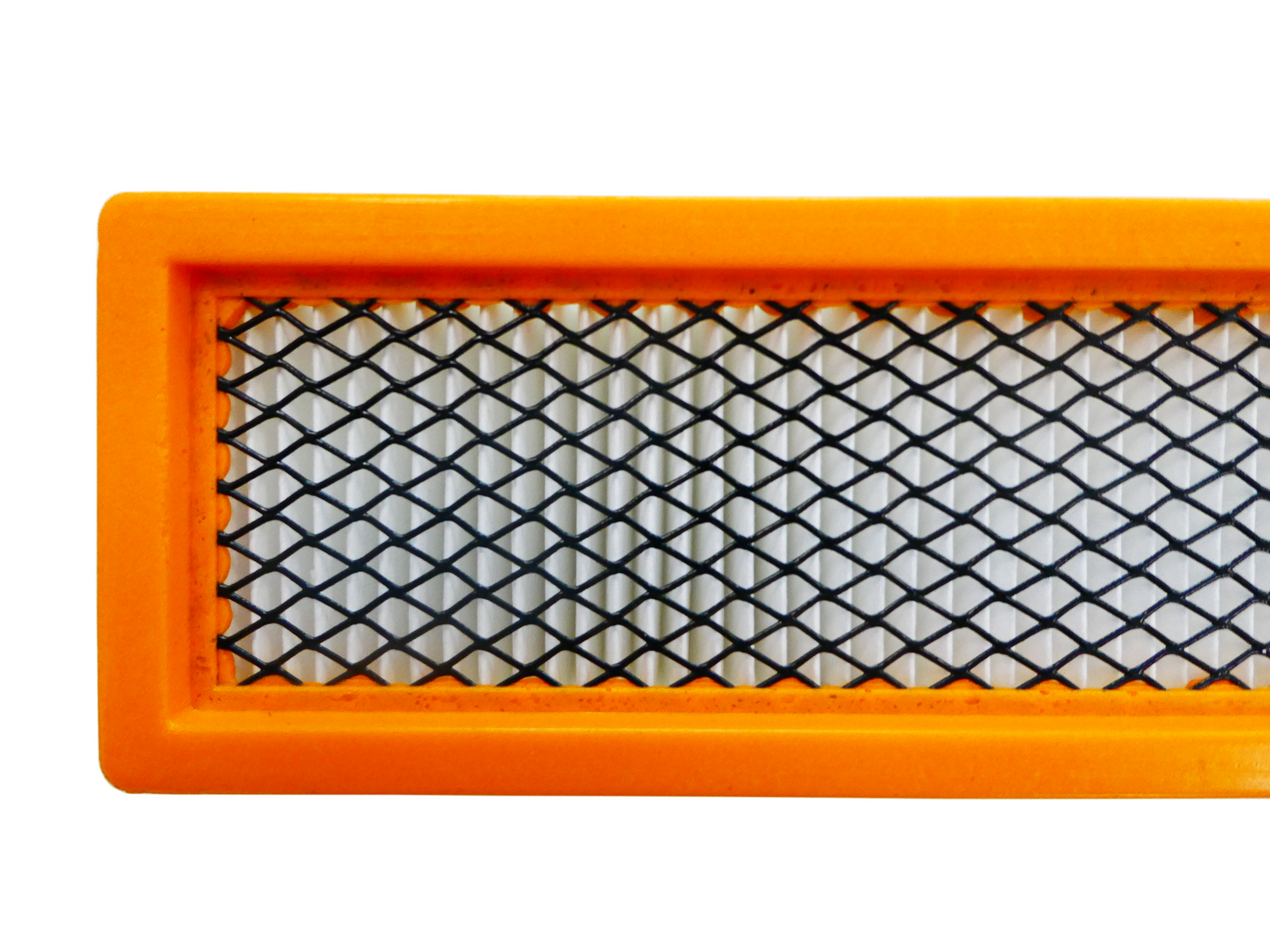 A close-up of a rectangular air filter showing its bright orange PU frame and black mesh screen over white pleated filter media, isolated on a white background.