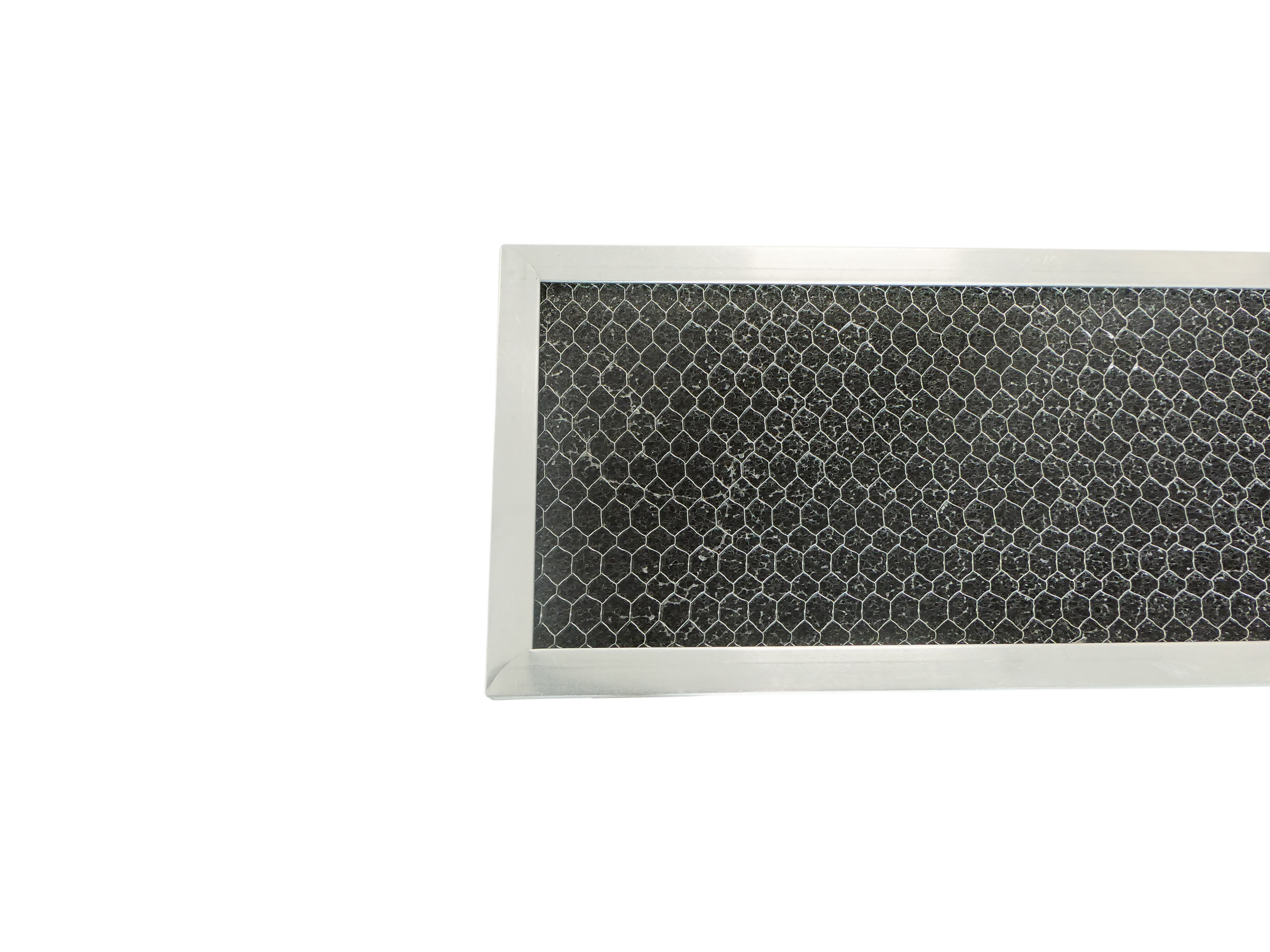 A close-up of a rectangular metal mesh filter with a grey-coloured frame, shown against a plain white background.