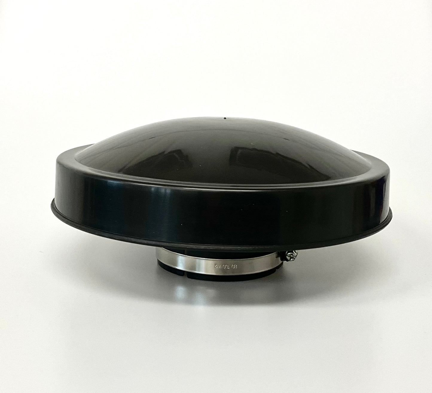 A black dome-shaped rain cap with a grey metal clamp, shown on a neutral light grey background.