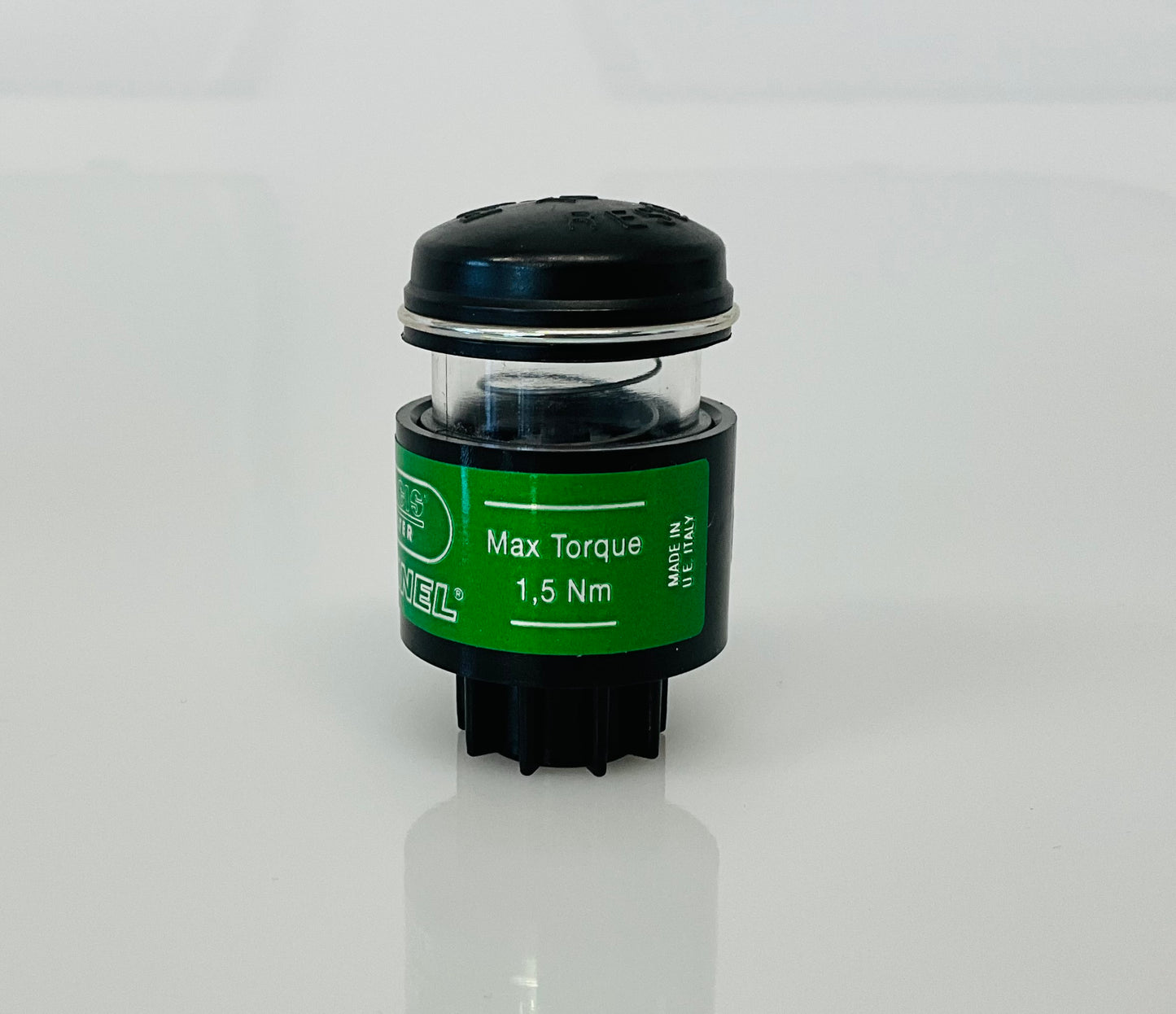 A small black cylindrical optical indicator with press button top, with a green label reading 'Max Torque 1,5 Nm' and 'MADE IN U.E ITALY', photographed on a white background.