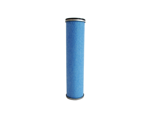 A cylindrical blue filter cartridge with a grey metal end cap at the bottom and a open top with a black seal, on a solid white background.