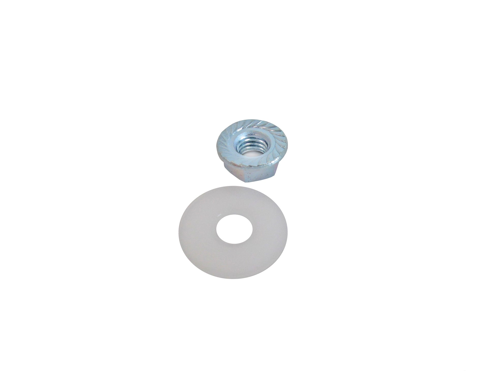 A grey metal threaded nut with a flat washer below it, on a solid white background.
