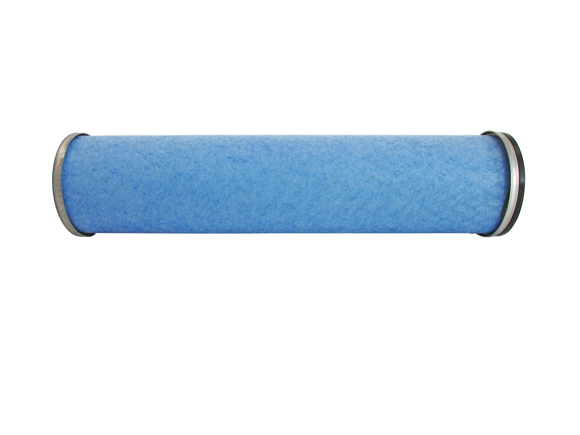 A cylindrical blue filter cartridge on its side with a grey metal end cap at the bottom and a open top with a black seal, on a solid white background.