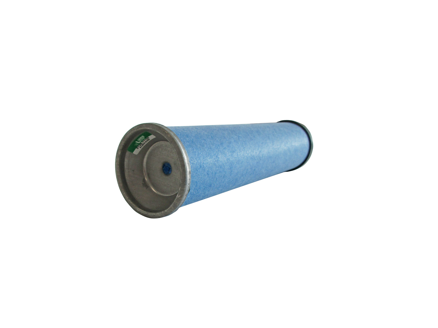 A cylindrical blue filter cartridge on its side with a grey metal end cap at the bottom and a open top with a black seal, on a solid white background.