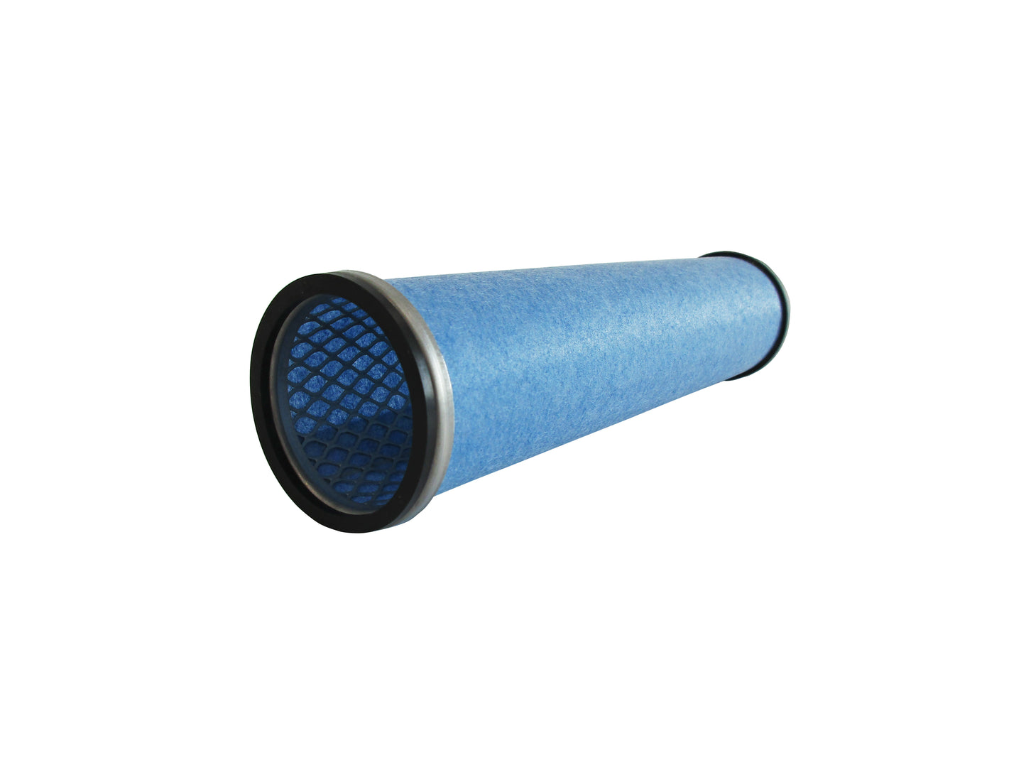 A cylindrical blue filter cartridge on its side with a grey metal end cap at the bottom and a open top with a black seal, on a solid white background.