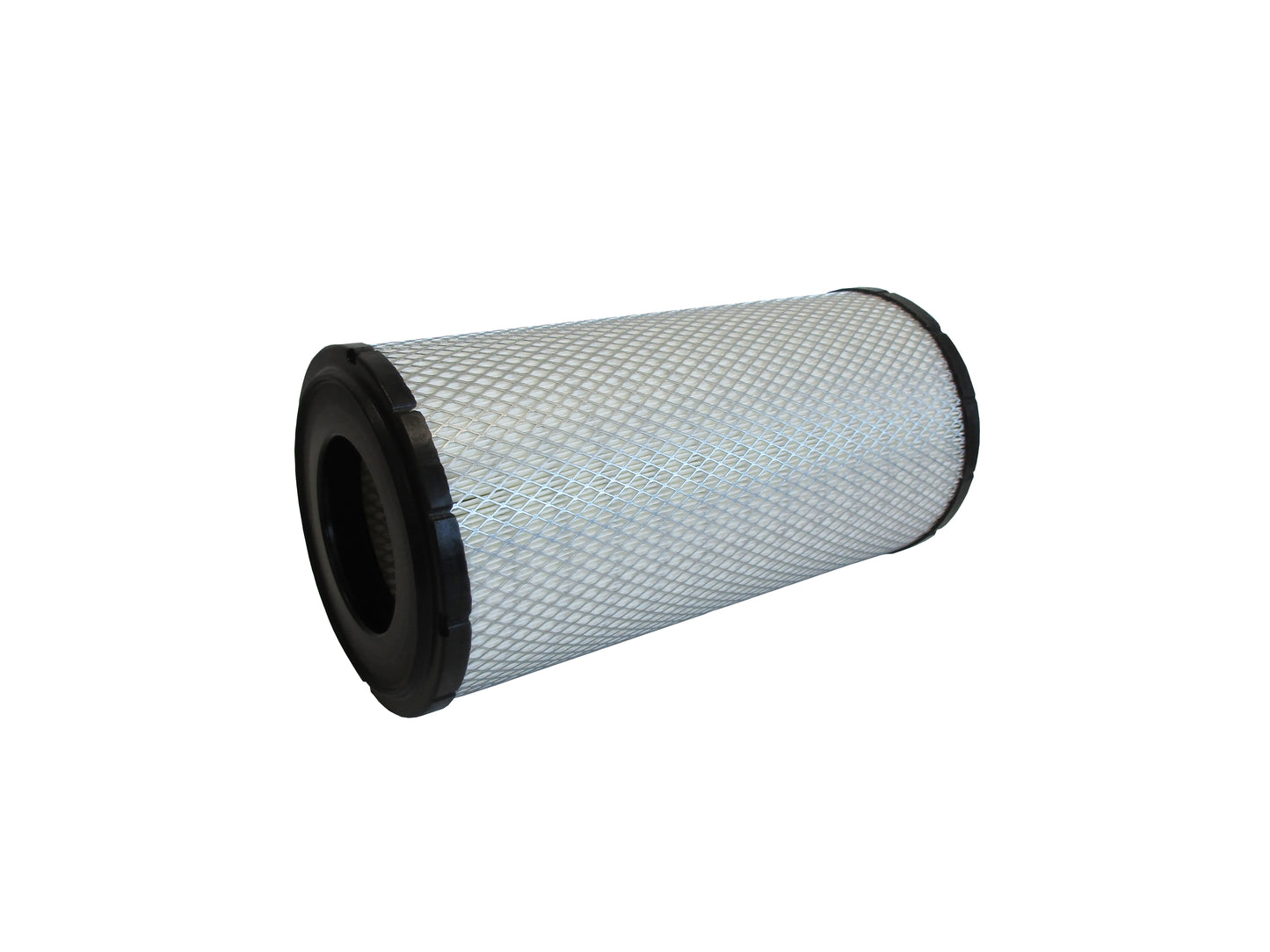 A cylindrical replacement filter cartridge on its side with a black PU top and bottom caps, and a grey metal mesh, shown on a plain white background.