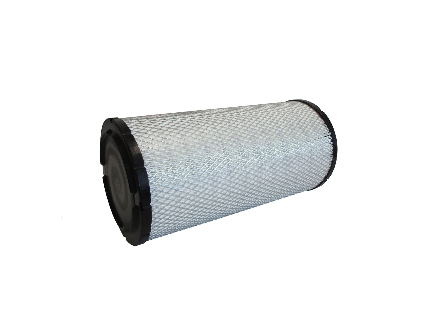 A cylindrical replacement filter cartridge on its side with a black PU top and bottom caps, and a grey metal mesh, shown on a plain white background.