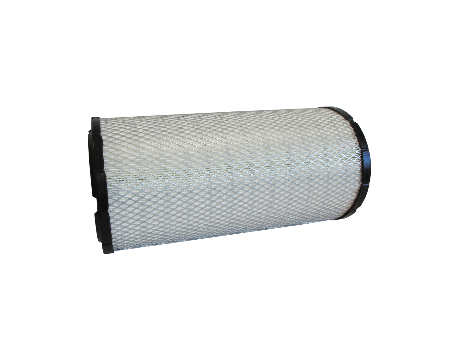 A cylindrical replacement filter cartridge on its side with a black PU top and bottom caps, and a grey metal mesh, shown on a plain white background.