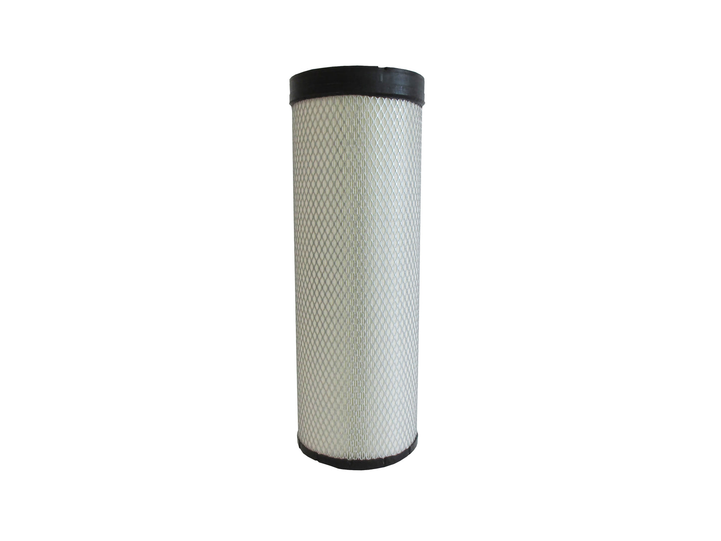 A cylindrical replacement filter cartridge  with a black PU top and bottom caps, and a grey metal mesh, shown on a plain white background.