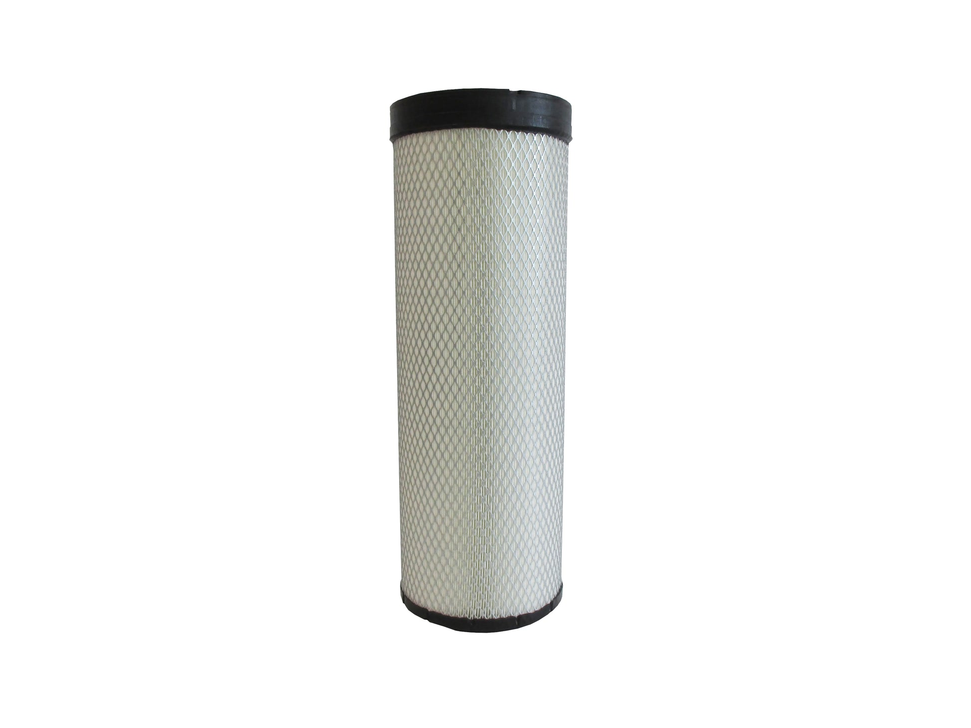 A cylindrical replacement filter cartridge  with a black PU top and bottom caps, and a grey metal mesh, shown on a plain white background.