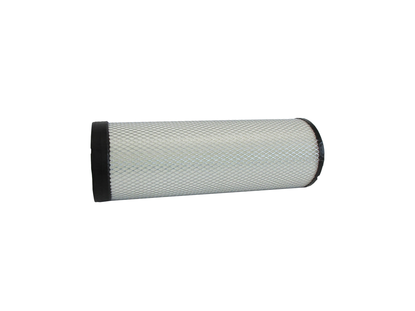 A cylindrical replacement filter cartridge on its side with a black PU top and bottom caps, and a grey metal mesh, shown on a plain white background.