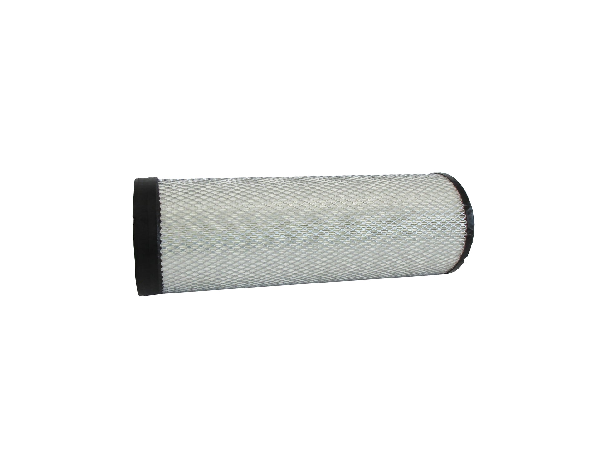 A cylindrical replacement filter cartridge on its side with a black PU top and bottom caps, and a grey metal mesh, shown on a plain white background.